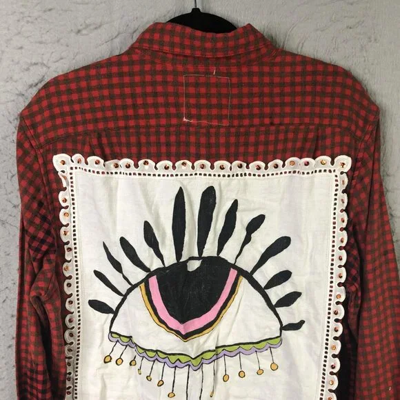 Timber June Shirt Large Red Check Flannel Evil Eye Sequin Back Boho Graphic - Picture 14 of 16